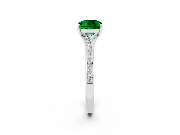 Platinum Cushion Cut Emerald Solitaire Ring with Pavé Band and Prong Setting
