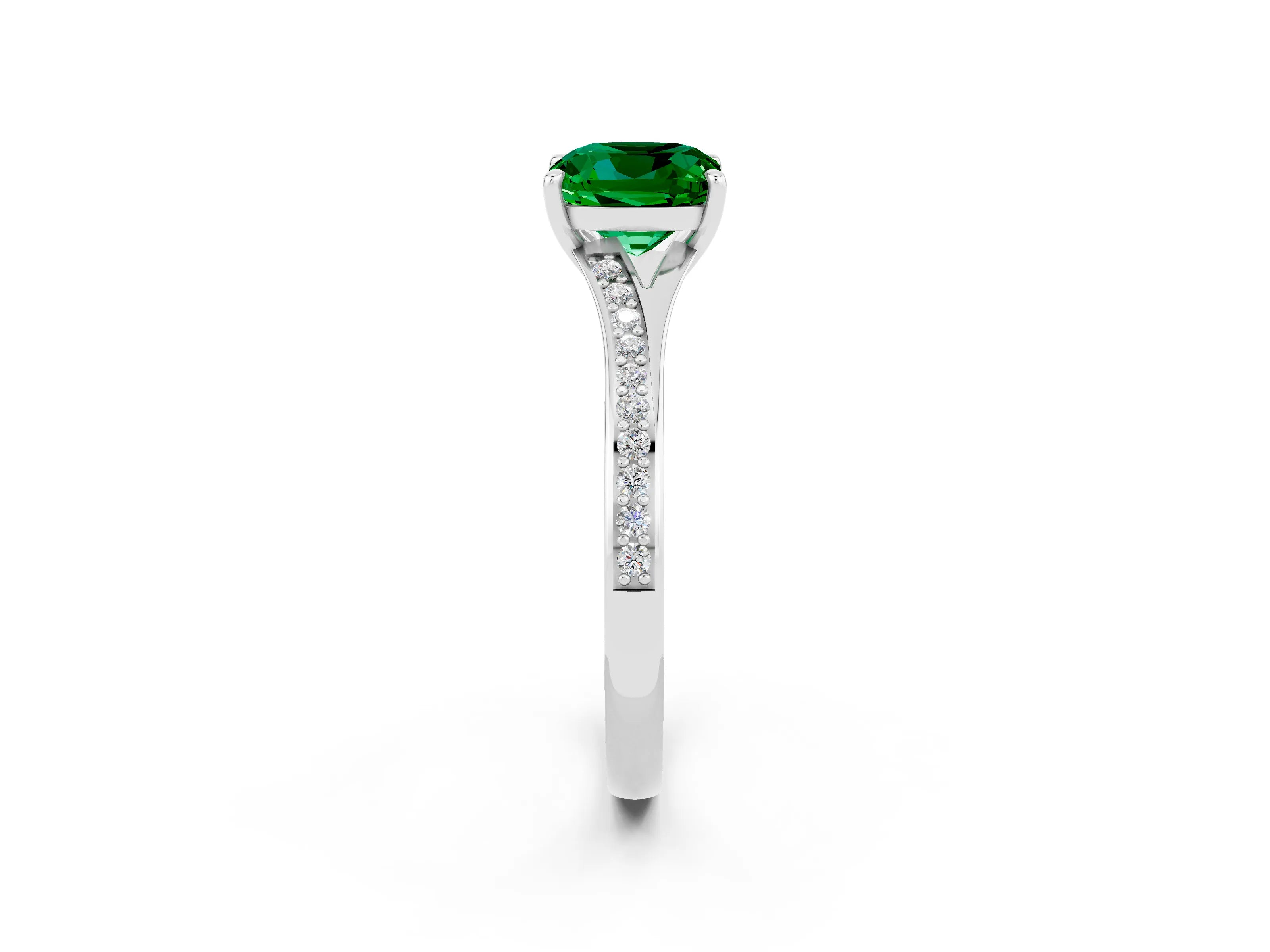 White gold Cushion Cut Emerald Solitaire Ring with Pavé Band and Prong Setting_2