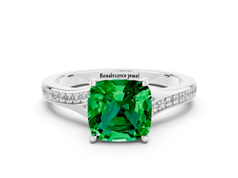 White gold Cushion Cut Emerald Solitaire Ring with Pavé Band and Prong Setting