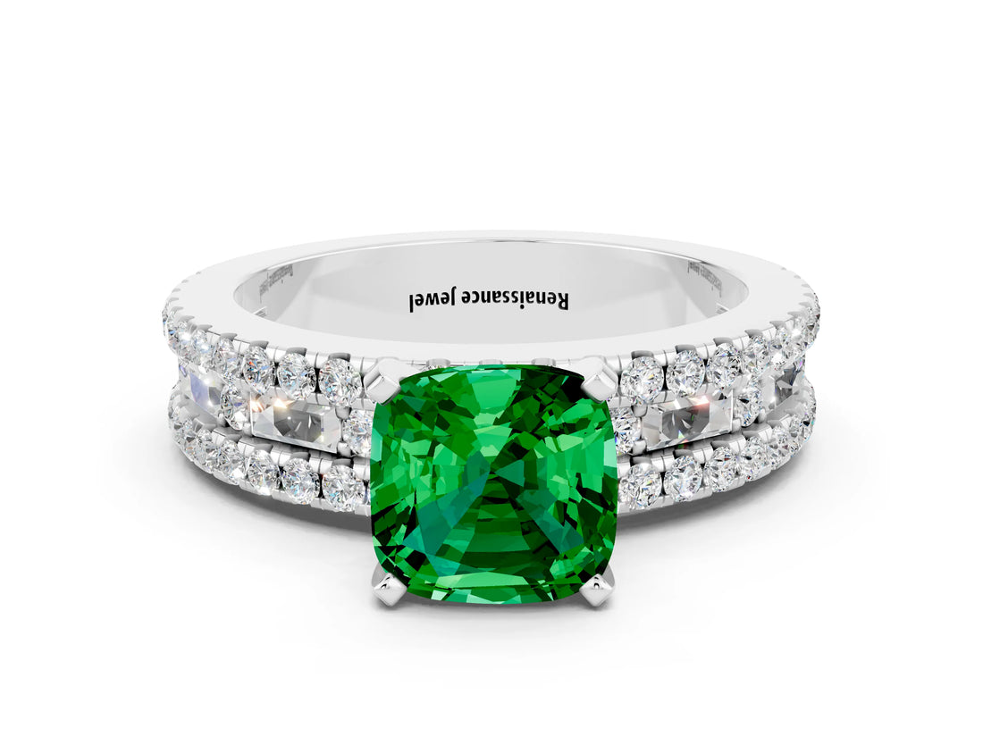 White gold Cushion Cut Emerald Solitaire Ring with Pavé and Channel Set Band