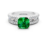 White gold Cushion Cut Emerald Solitaire Ring with Pavé and Channel Set Band
