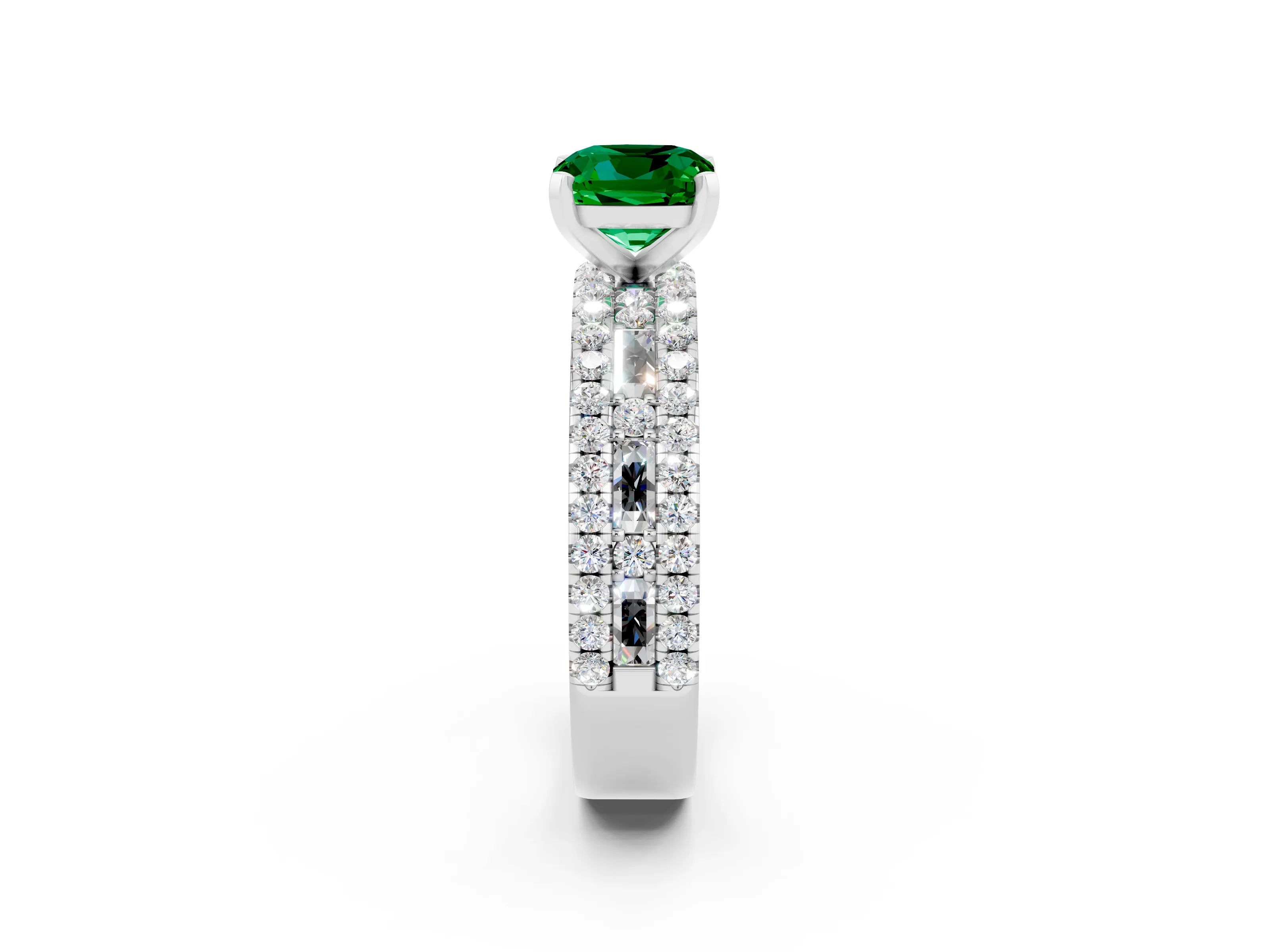 White gold Cushion Cut Emerald Solitaire Ring with Pavé and Channel Set Band_2