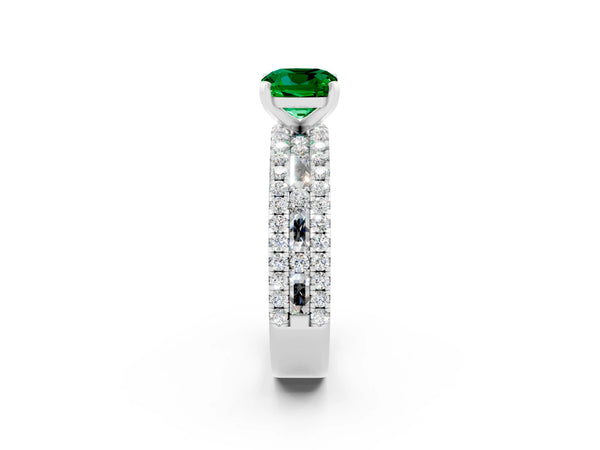 White gold Cushion Cut Emerald Solitaire Ring with Pavé and Channel Set Band