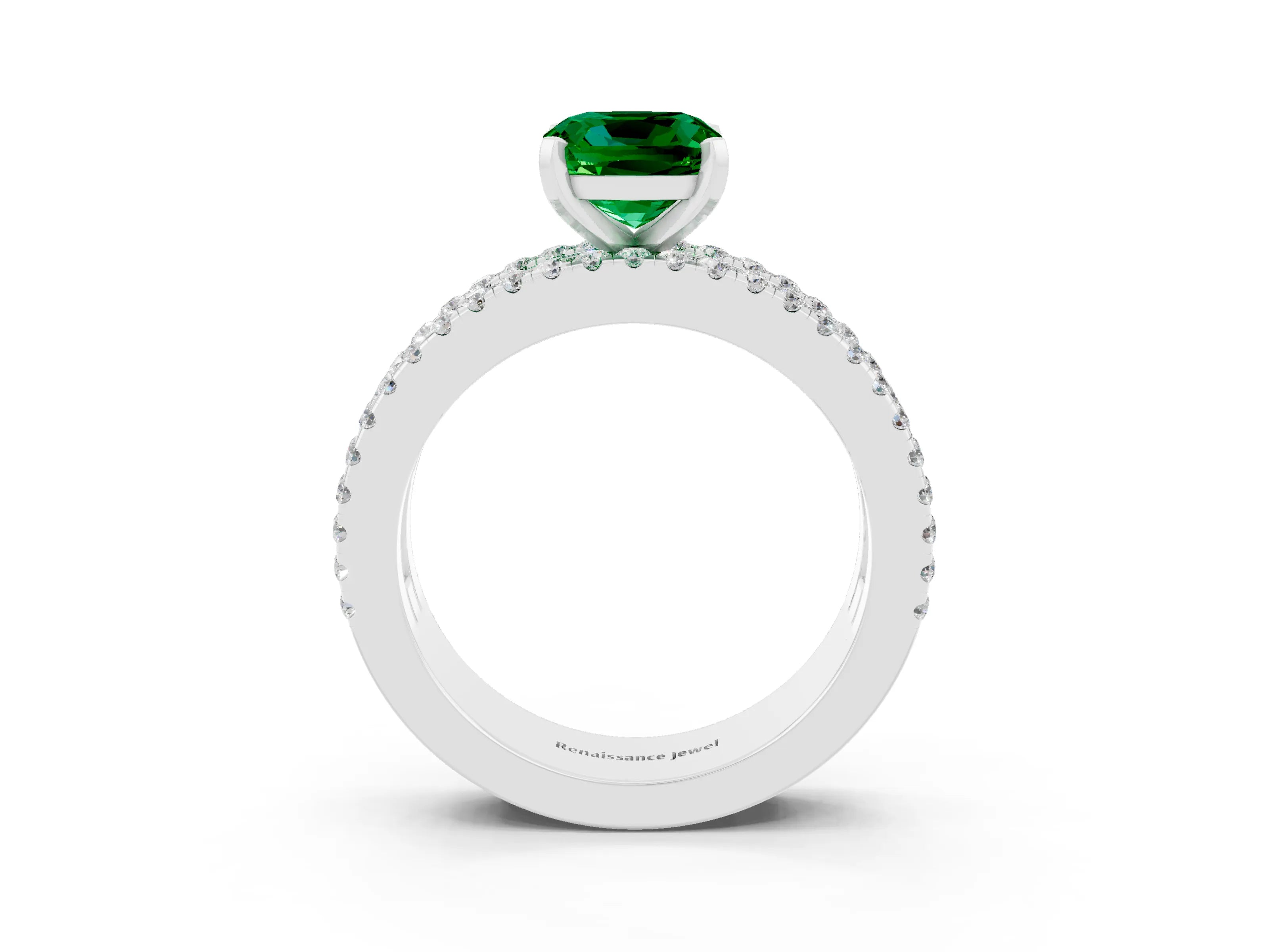 White gold Cushion Cut Emerald Solitaire Ring with Pavé and Channel Set Band_3