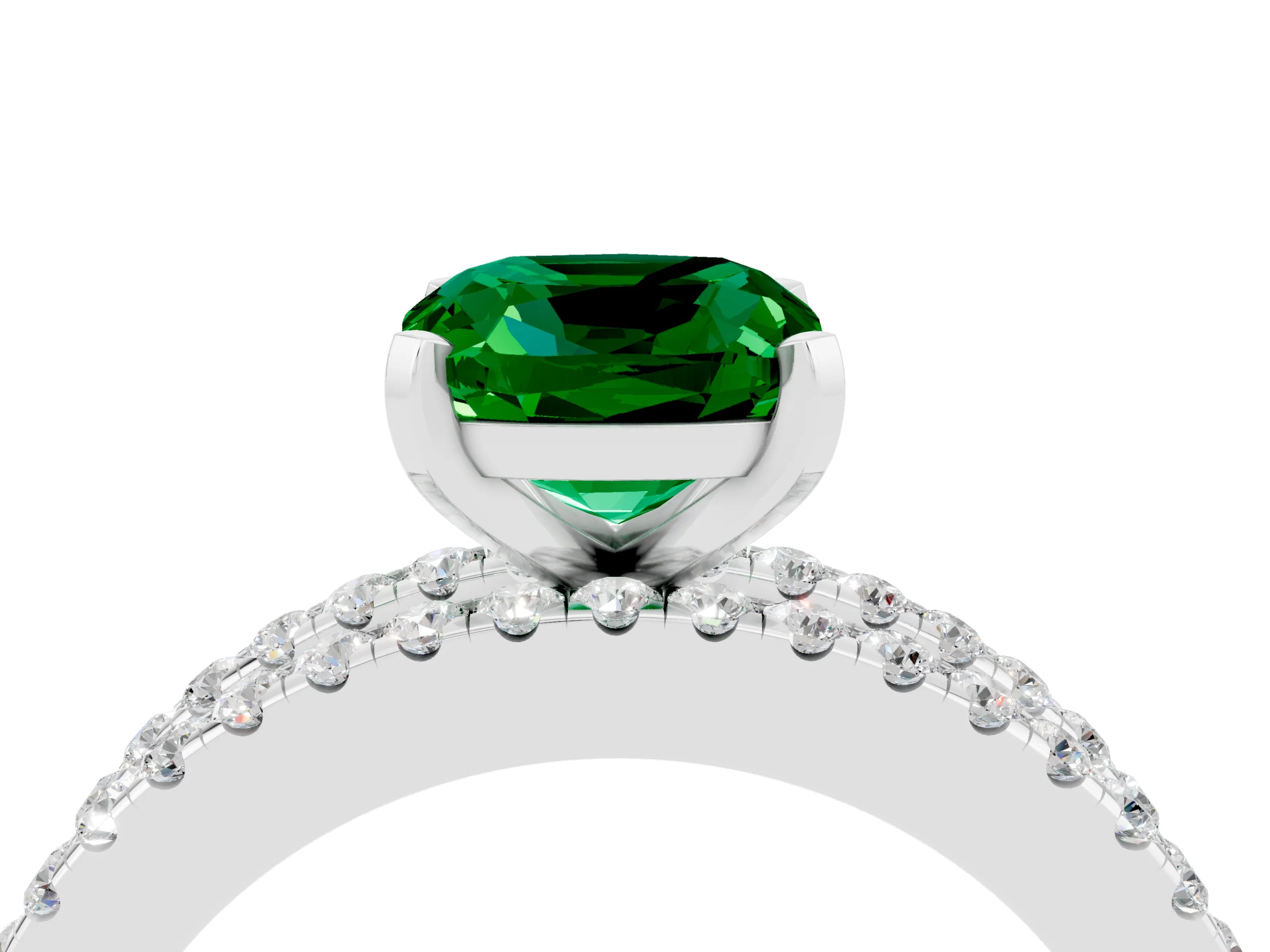 White gold Cushion Cut Emerald Solitaire Ring with Pavé and Channel Set Band_4