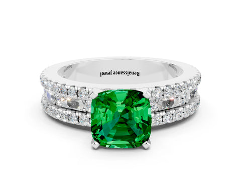 White gold Cushion Cut Emerald Solitaire Ring with Pavé and Channel Set Band