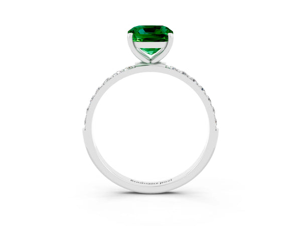 Silver Cushion Cut Emerald Solitaire Ring with Round  Pavé Band and Prong Setting