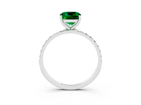 White gold Cushion Cut Emerald Solitaire Ring with Pave Band and Four Prong Setting_15