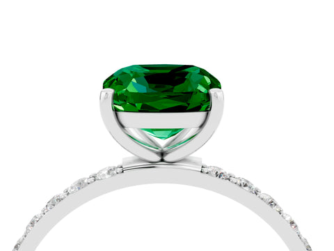 White gold Cushion Cut Emerald Solitaire Ring with Pave Band and Four Prong Setting_16