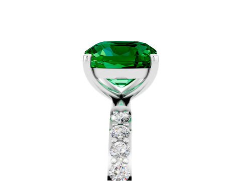 White gold Cushion Cut Emerald Solitaire Ring with Pave Band and Four Prong Setting_17