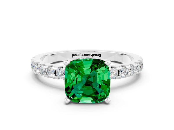 White gold Cushion Cut Emerald Solitaire Ring with Round  Pavé Band and Four-Prong Setting