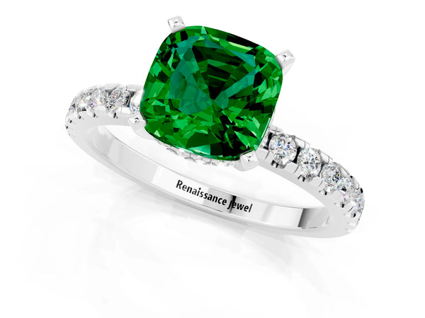 White gold Cushion Cut Emerald Solitaire Ring with Round  Pavé Band and Four-Prong Setting