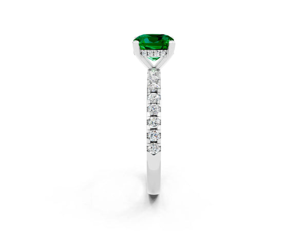 White gold Cushion Cut Emerald Solitaire Ring with Round  Pavé Band and Four-Prong Setting