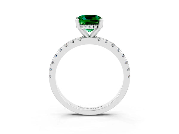 White gold Cushion Cut Emerald Solitaire Ring with Round  Pavé Band and Four-Prong Setting