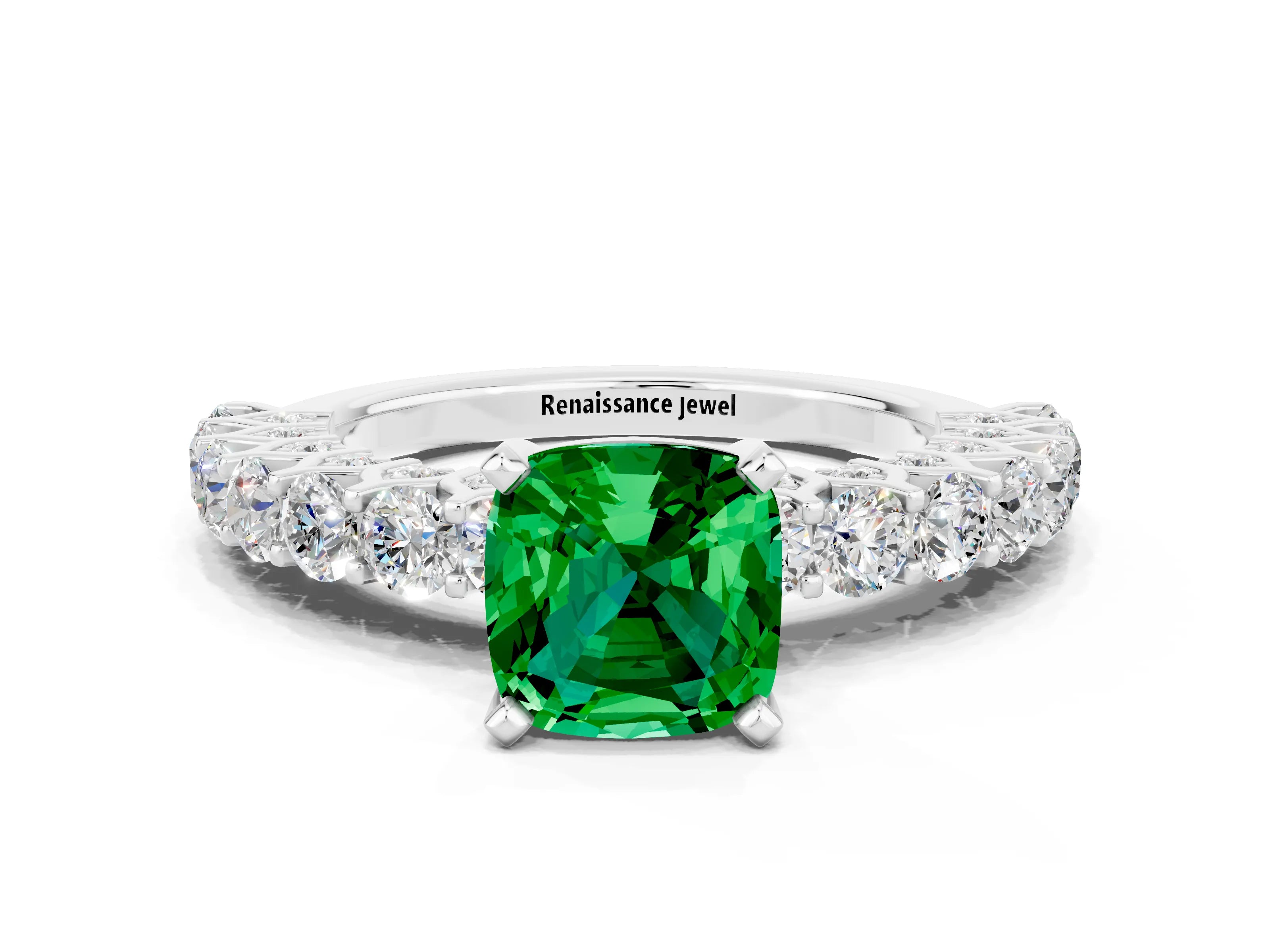 White gold Cushion Cut Emerald Solitaire Ring with Shared Prong Pavé Band and Four-Prong Setting