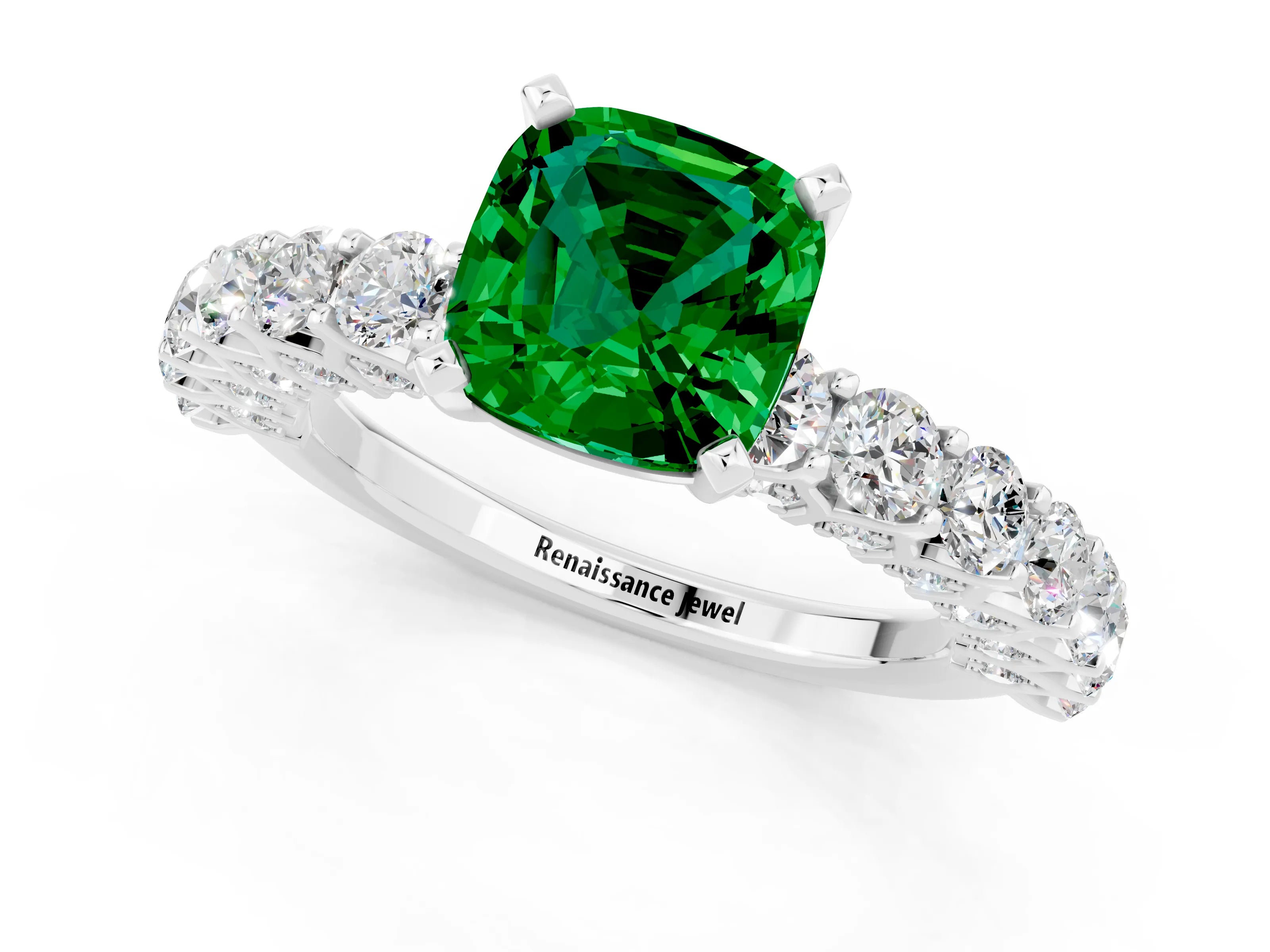 White gold Cushion Cut Emerald Solitaire Ring with Shared Prong Pavé Band and Four-Prong Setting_1