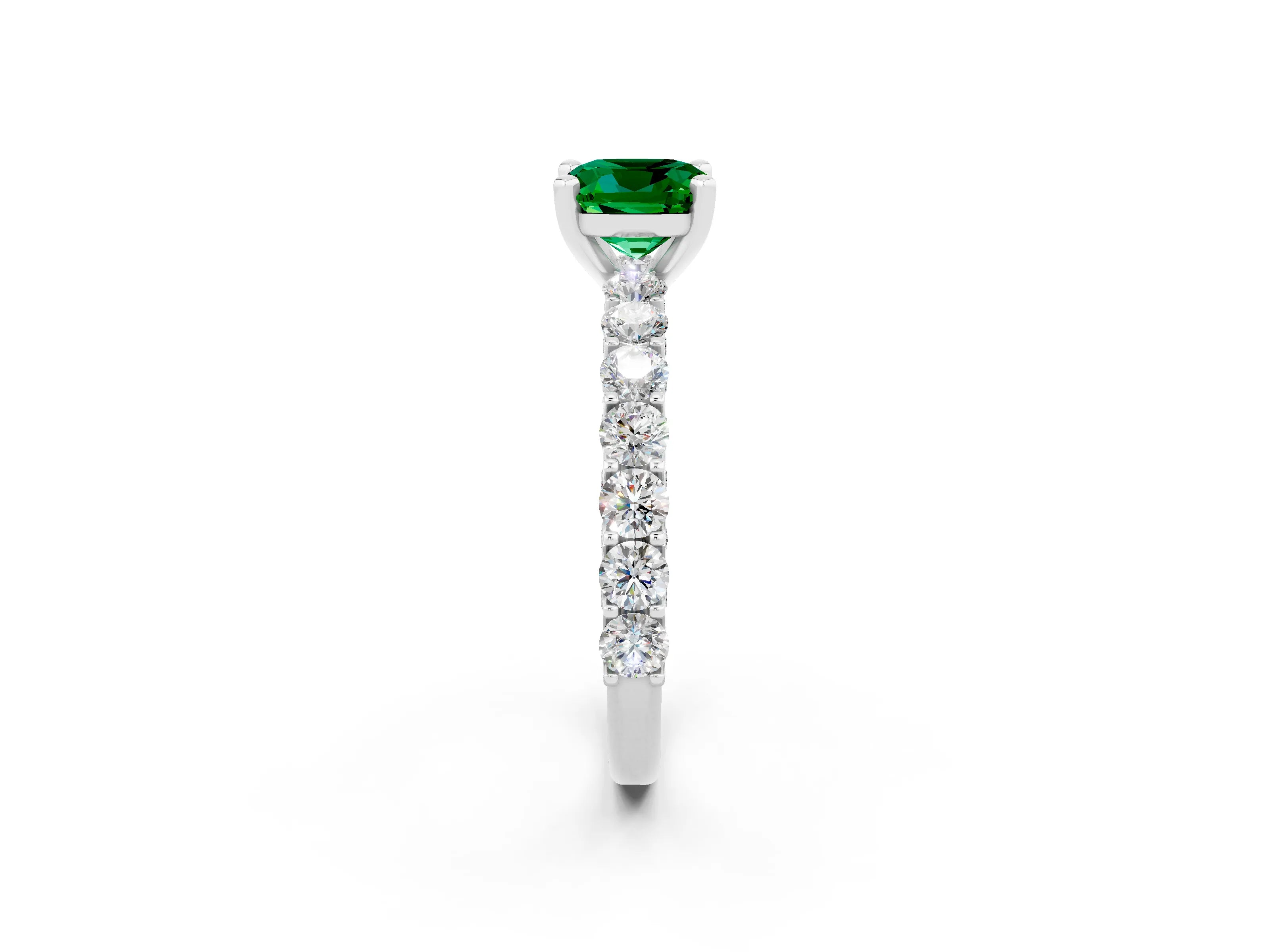 White gold Cushion Cut Emerald Solitaire Ring with Shared Prong Pavé Band and Four-Prong Setting_2