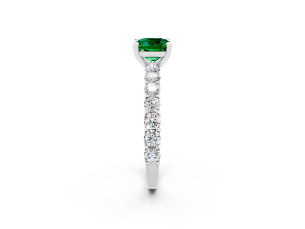 Platinum Cushion Cut Emerald Solitaire Ring with Shared Prong Pavé Band and Four-Prong Setting