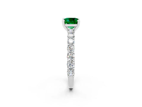White gold Cushion Cut Emerald Solitaire Ring with Shared Prong Pavé Band and Four-Prong Setting_2
