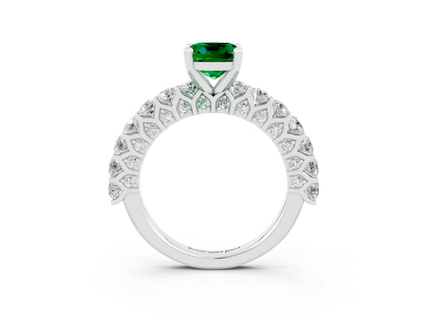 White gold Cushion Cut Emerald Solitaire Ring with Shared Prong Pavé Band and Four-Prong Setting