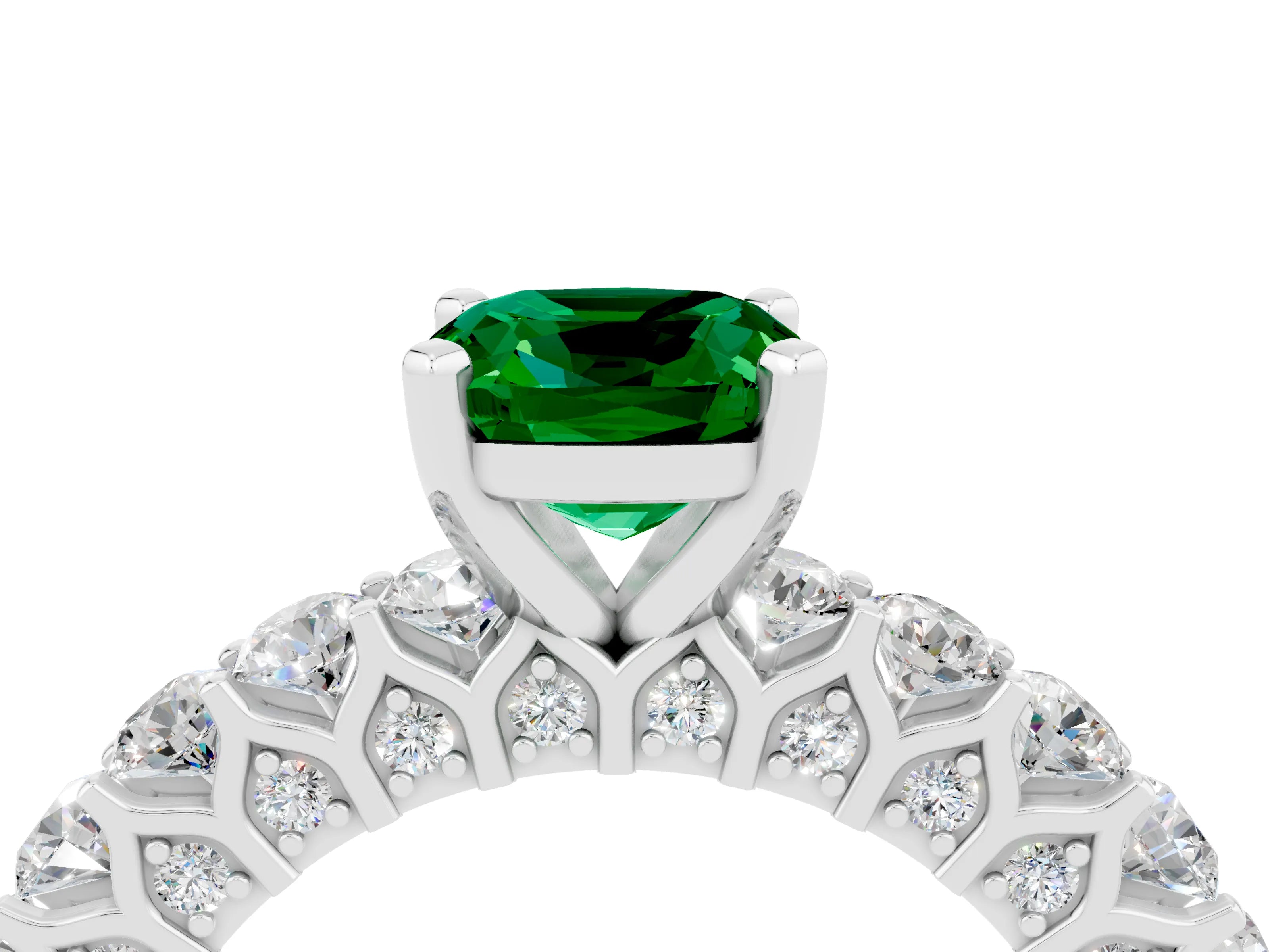 White gold Cushion Cut Emerald Solitaire Ring with Shared Prong Pavé Band and Four-Prong Setting_4