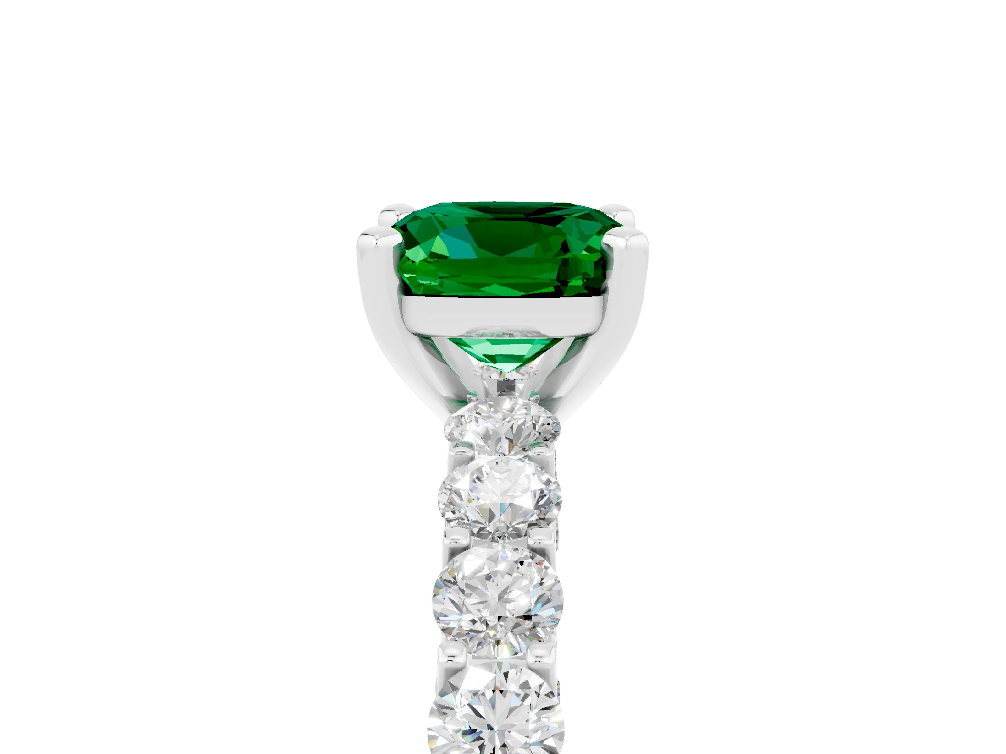 White gold Cushion Cut Emerald Solitaire Ring with Shared Prong Pavé Band and Four-Prong Setting_5