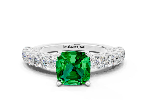 Silver Cushion Cut Emerald Solitaire Ring with Shared Prong Pavé Band and Four-Prong Setting