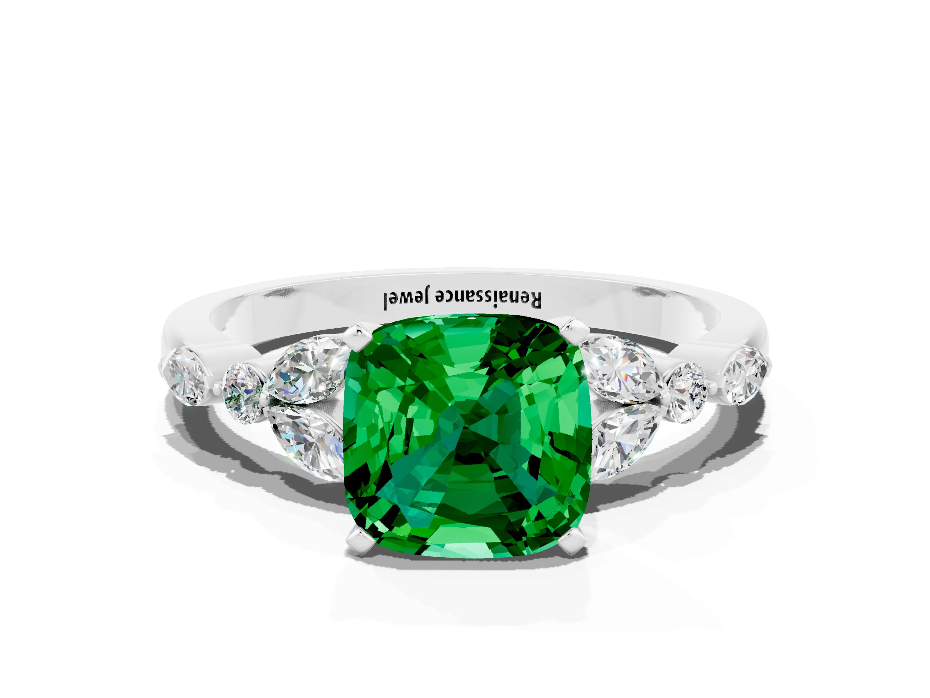 White gold Cushion Cut Emerald Solitaire Ring with Side Stones and Four-Prong Setting_24