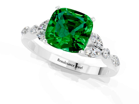 White gold Cushion Cut Emerald Solitaire Ring with Side Stones and Four-Prong Setting_25