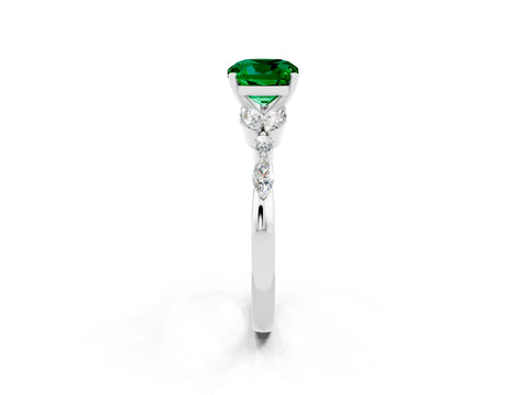 White gold Cushion Cut Emerald Solitaire Ring with Side Stones and Four-Prong Setting_26