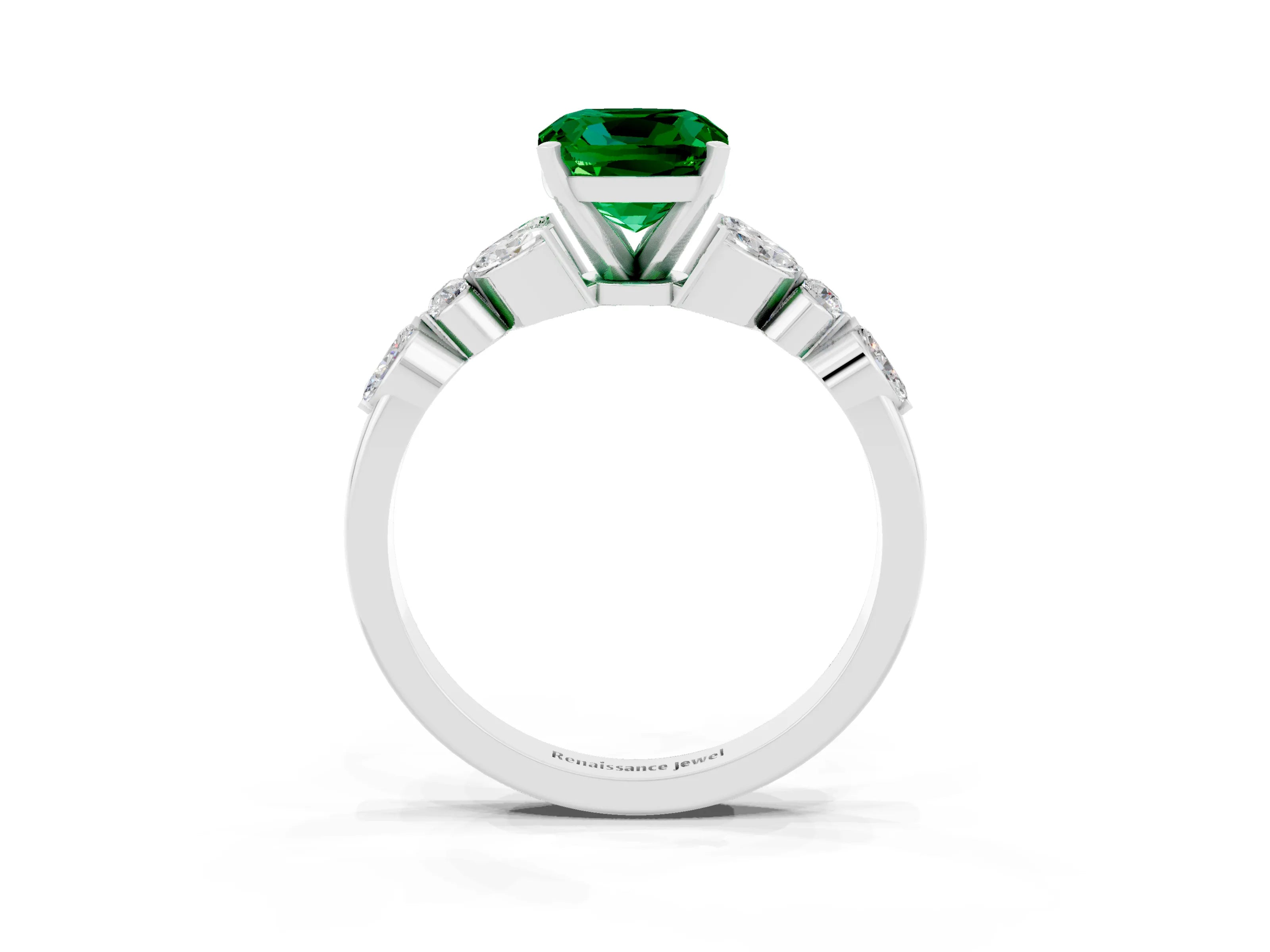White gold Cushion Cut Emerald Solitaire Ring with Side Stones and Four-Prong Setting_27