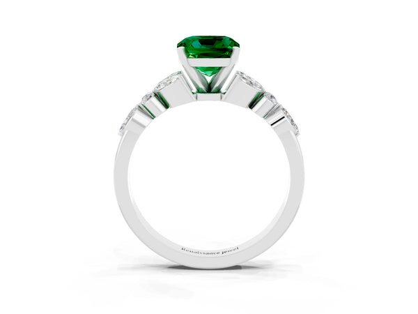 White gold Cushion Cut Emerald Solitaire Ring with Side Stones and Four-Prong Setting