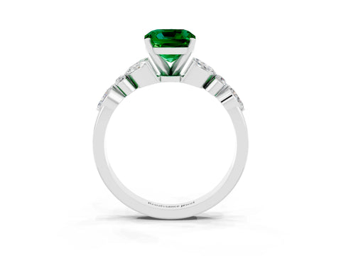 White gold Cushion Cut Emerald Solitaire Ring with Side Stones and Four-Prong Setting_27