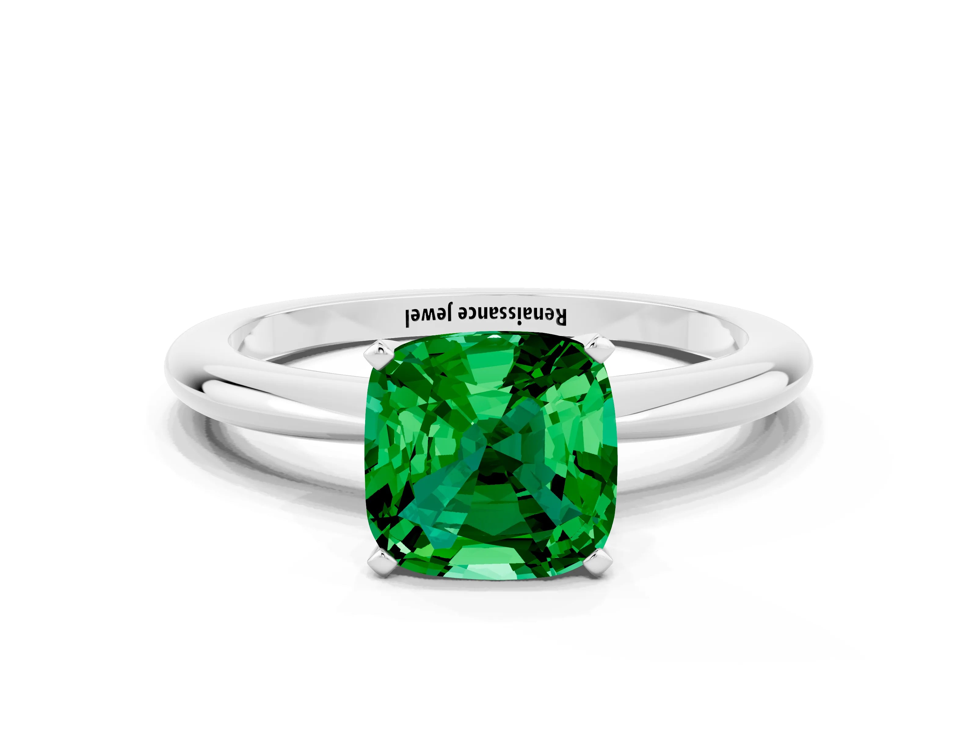 White gold Cushion Cut Emerald Solitaire Ring with Six-Prong Setting and Classic Band_12