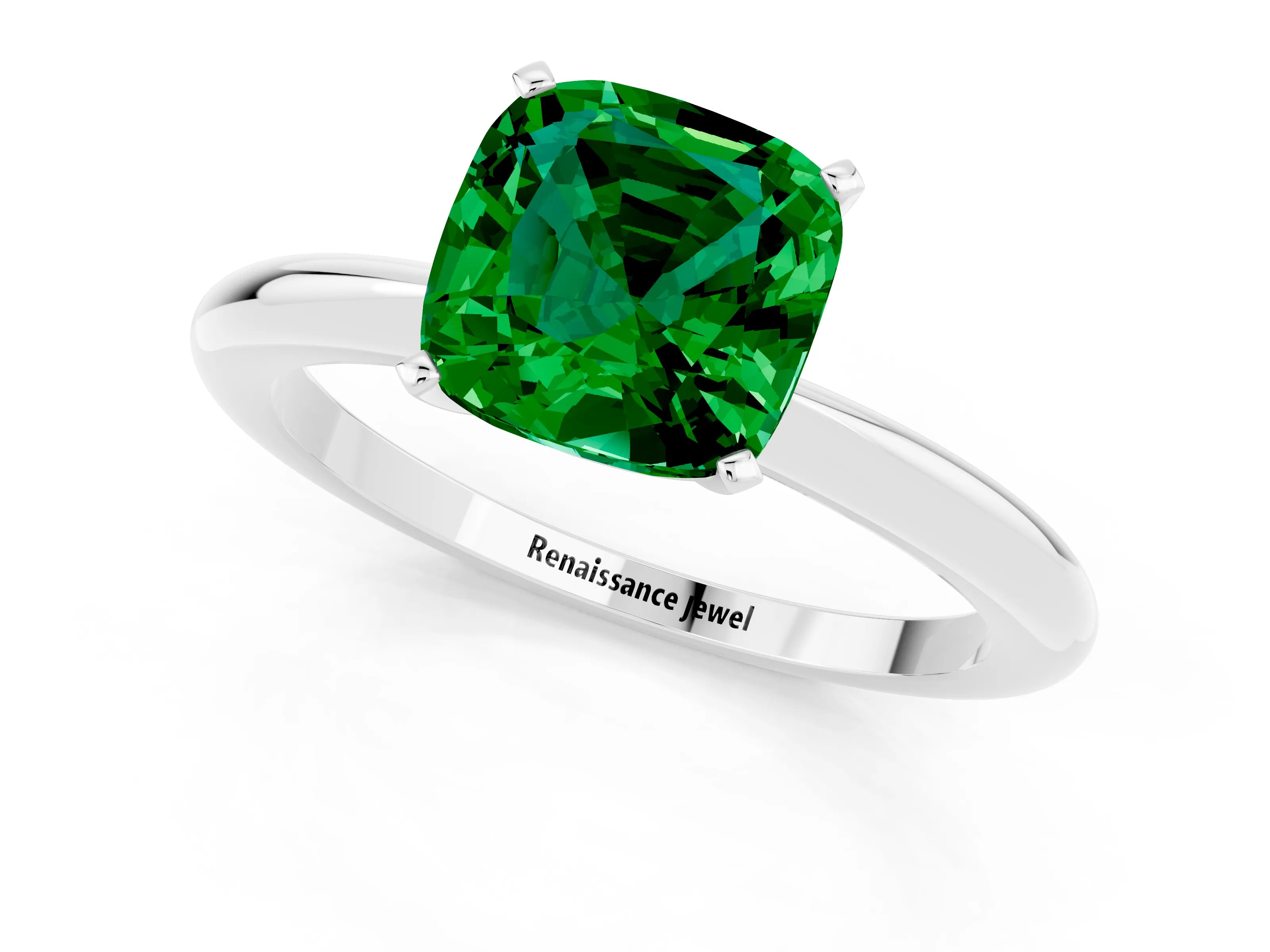 White gold Cushion Cut Emerald Solitaire Ring with Six-Prong Setting and Classic Band_13