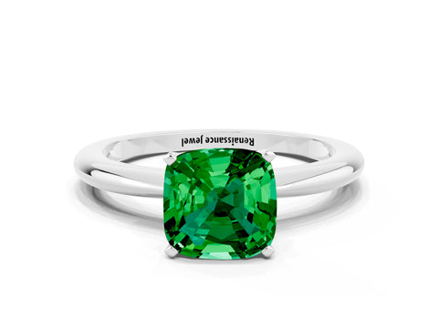 White gold Cushion Cut Emerald Solitaire Ring with Six-Prong Setting and Classic Band_24