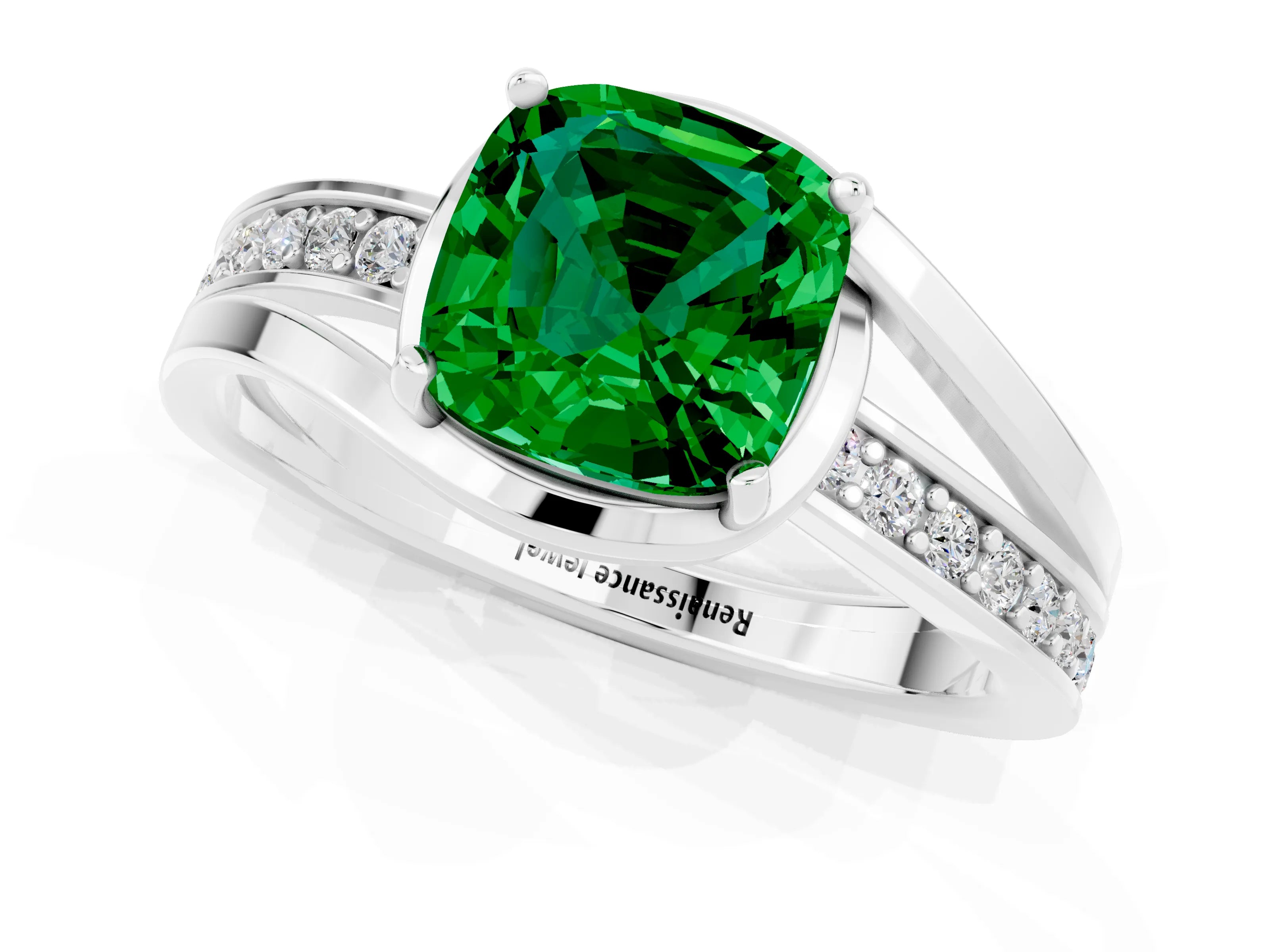 White gold Cushion Cut Emerald Solitaire Ring with Split Shank and Prong Setting_1