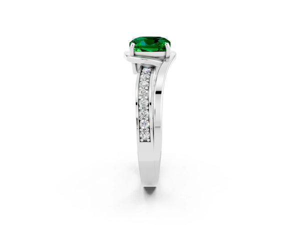 Platinum Cushion Cut Emerald Solitaire Ring with Split Shank and Prong Setting