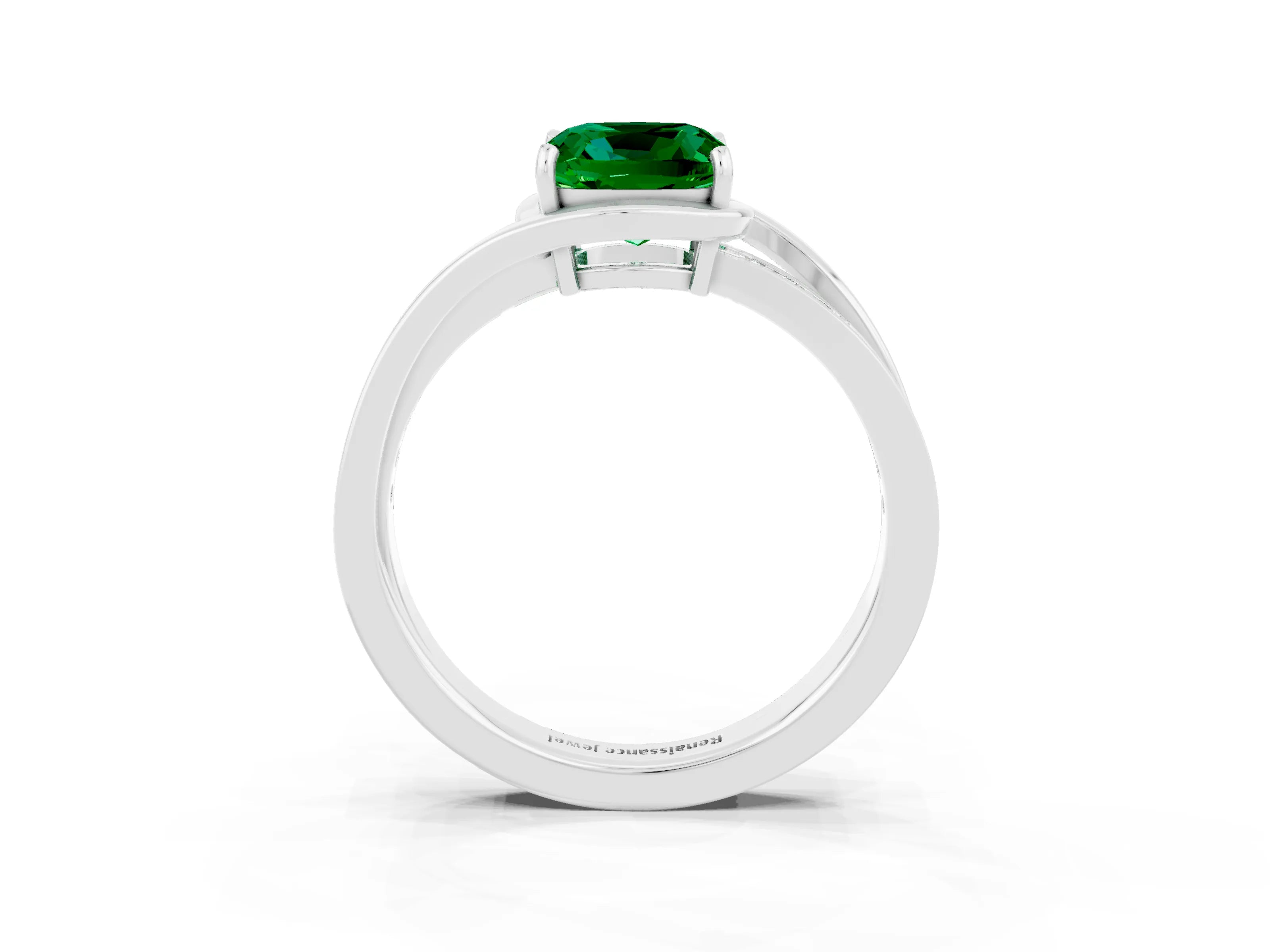 White gold Cushion Cut Emerald Solitaire Ring with Split Shank and Prong Setting_3