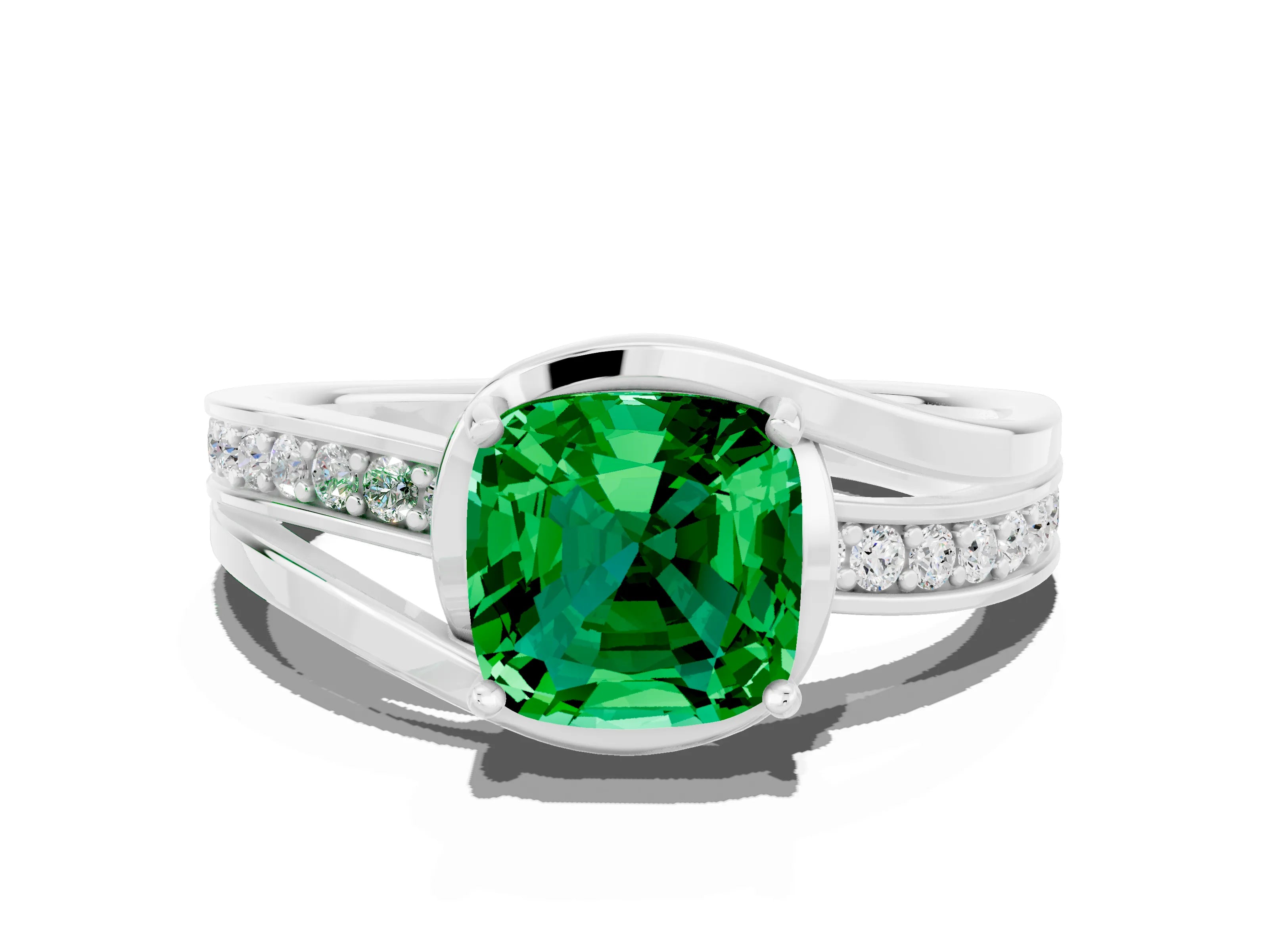 White gold Cushion Cut Emerald Solitaire Ring with Split Shank and Prong Setting
