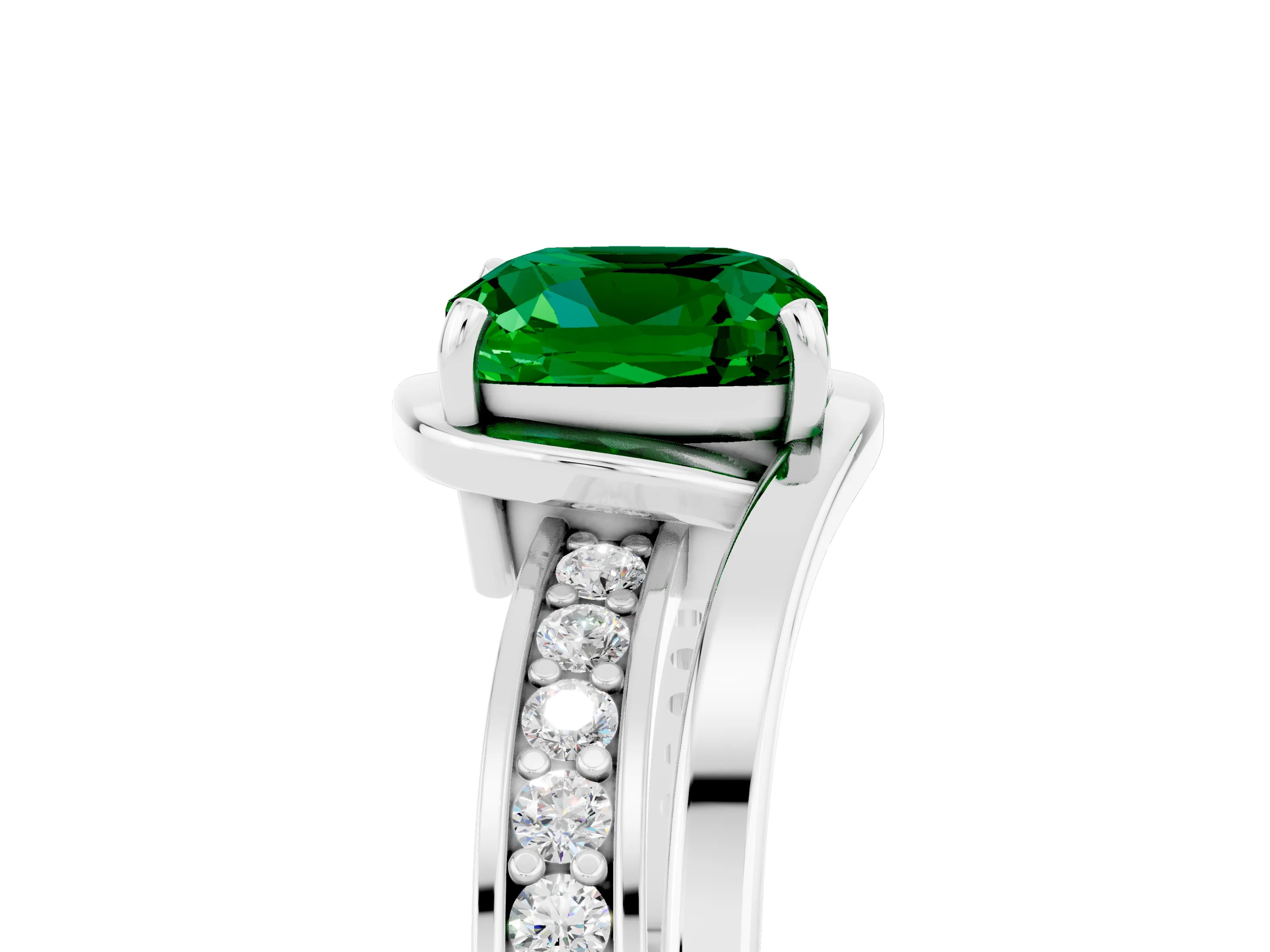 White gold Cushion Cut Emerald Solitaire Ring with Split Shank and Prong Setting_5