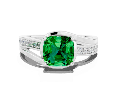 White gold Cushion Cut Emerald Solitaire Ring with Split Shank and Prong Setting
