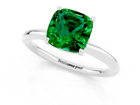 White gold Cushion Cut Emerald Solitaire Ring with Thin Band and Four-Prong Setting_1