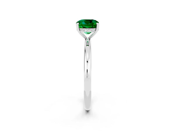 Silver Cushion Cut Emerald Solitaire Ring with Thin Band and Four-Prong Setting