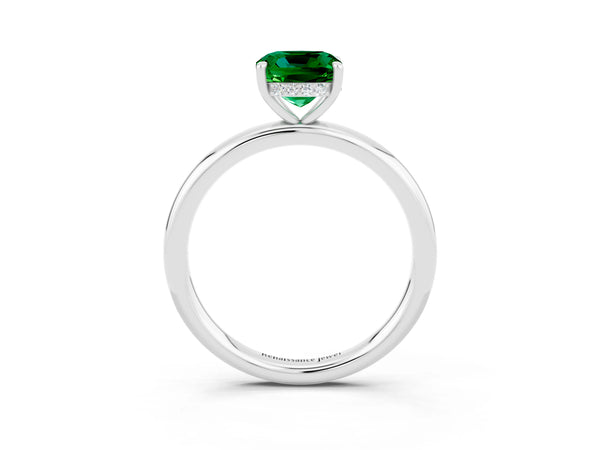 Silver Cushion Cut Emerald Solitaire Ring with Thin Band and Four-Prong Setting