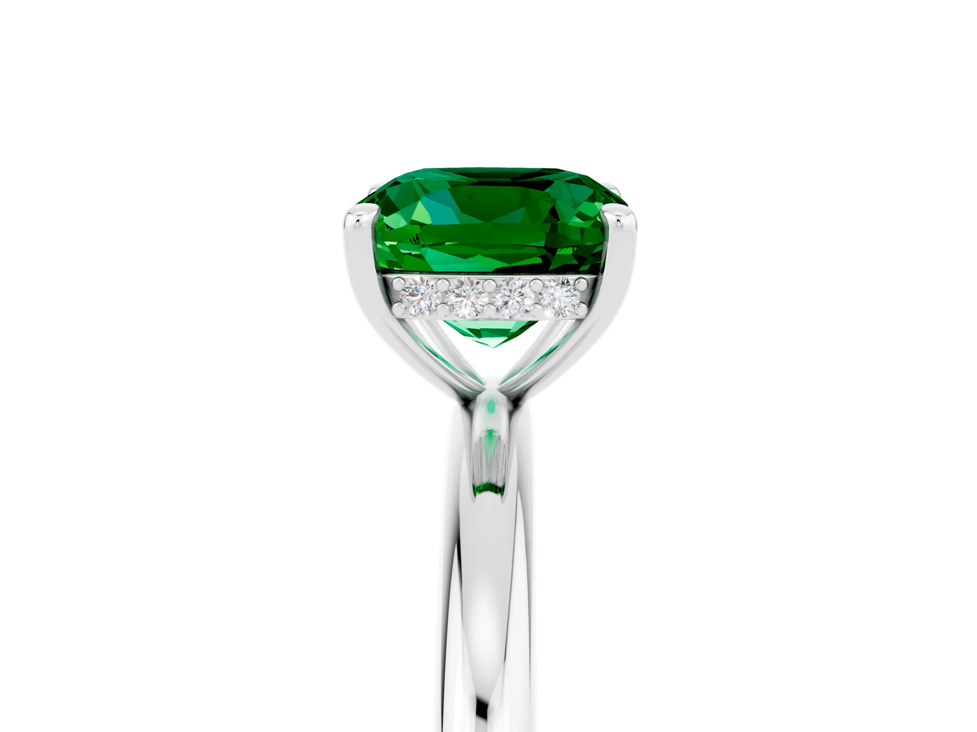 White gold Cushion Cut Emerald Solitaire Ring with Thin Band and Four-Prong Setting_5