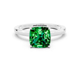 White gold Cushion Cut Emerald Solitaire Ring with Thin Band and Prong Setting_12