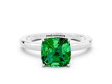 White gold Cushion Cut Emerald Solitaire Ring with Thin Band and Prong Setting_36
