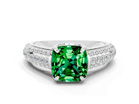 White gold Cushion Cut Emerald Solitaire Ring with Three-Row Pavé Band and Four-Prong Setting_12