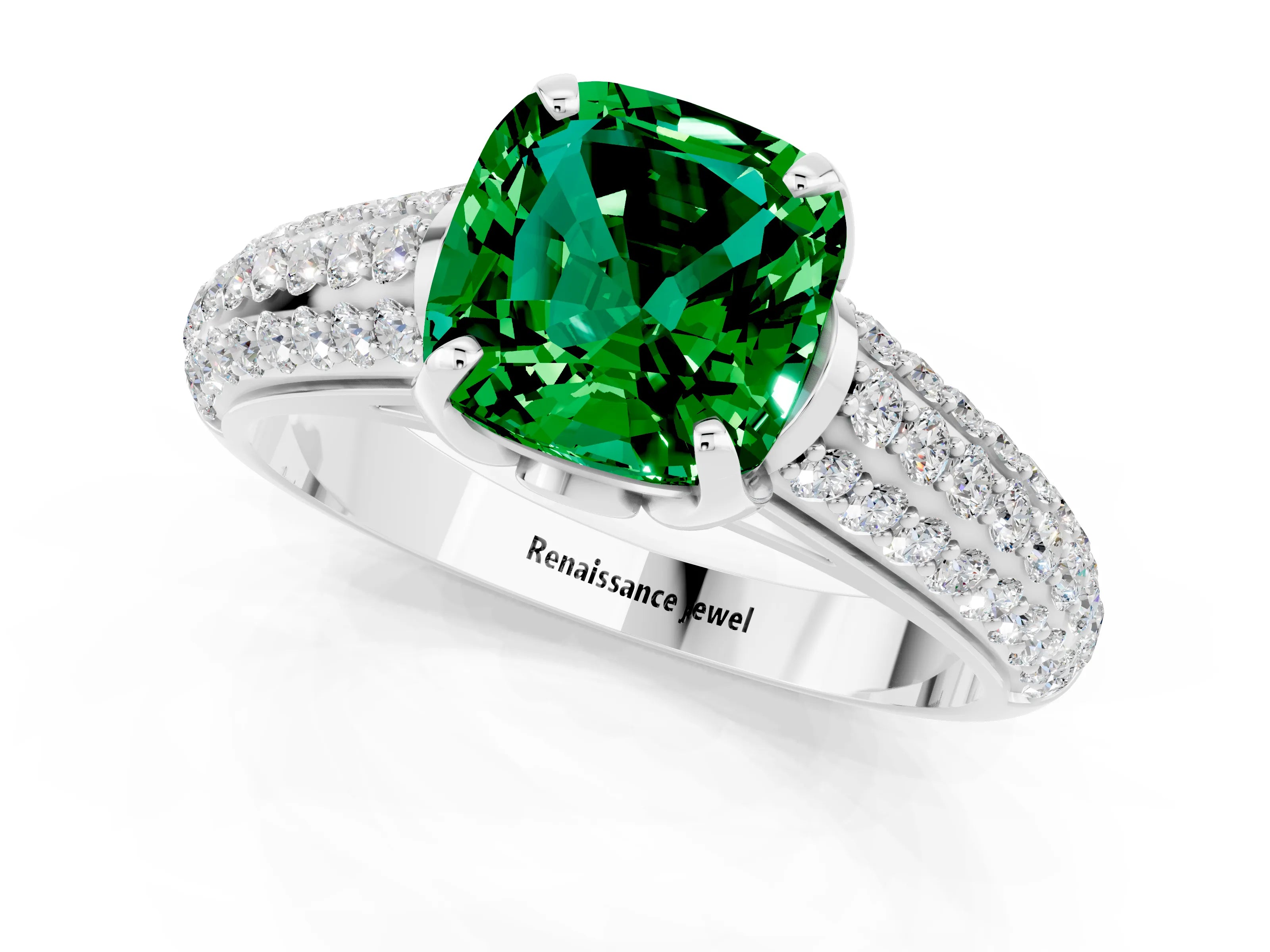 White gold Cushion Cut Emerald Solitaire Ring with Three-Row Pavé Band and Four-Prong Setting_13